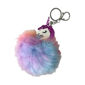 NEW Unicorn KEYCHAIN Ring 7" Faux Fur Tie Dye Puff Ball Purse Fob Pink Glitter